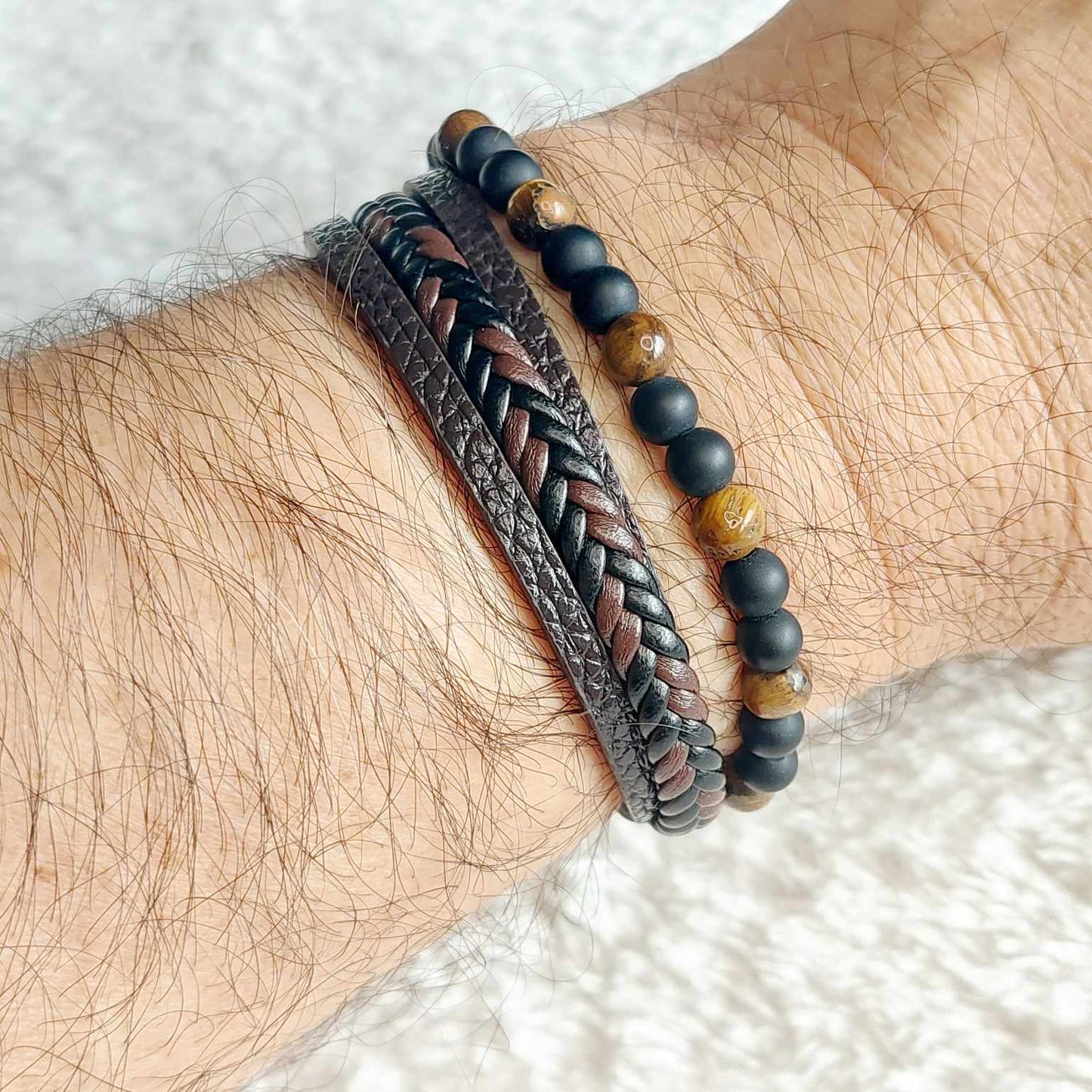 Multi Strap with Natural Stones Leather Bracelets for Men