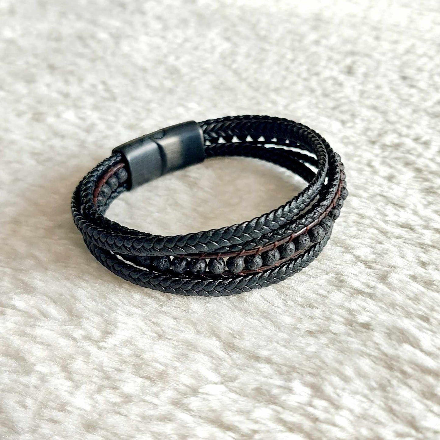 Multi Strap with Natural Stone Lava Leather Bracelets for Men