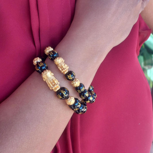 Natural Black Obsidian Feng Shui Bracelet with Silver Pixiu Gold Plated in 10mm or 12mm Stones