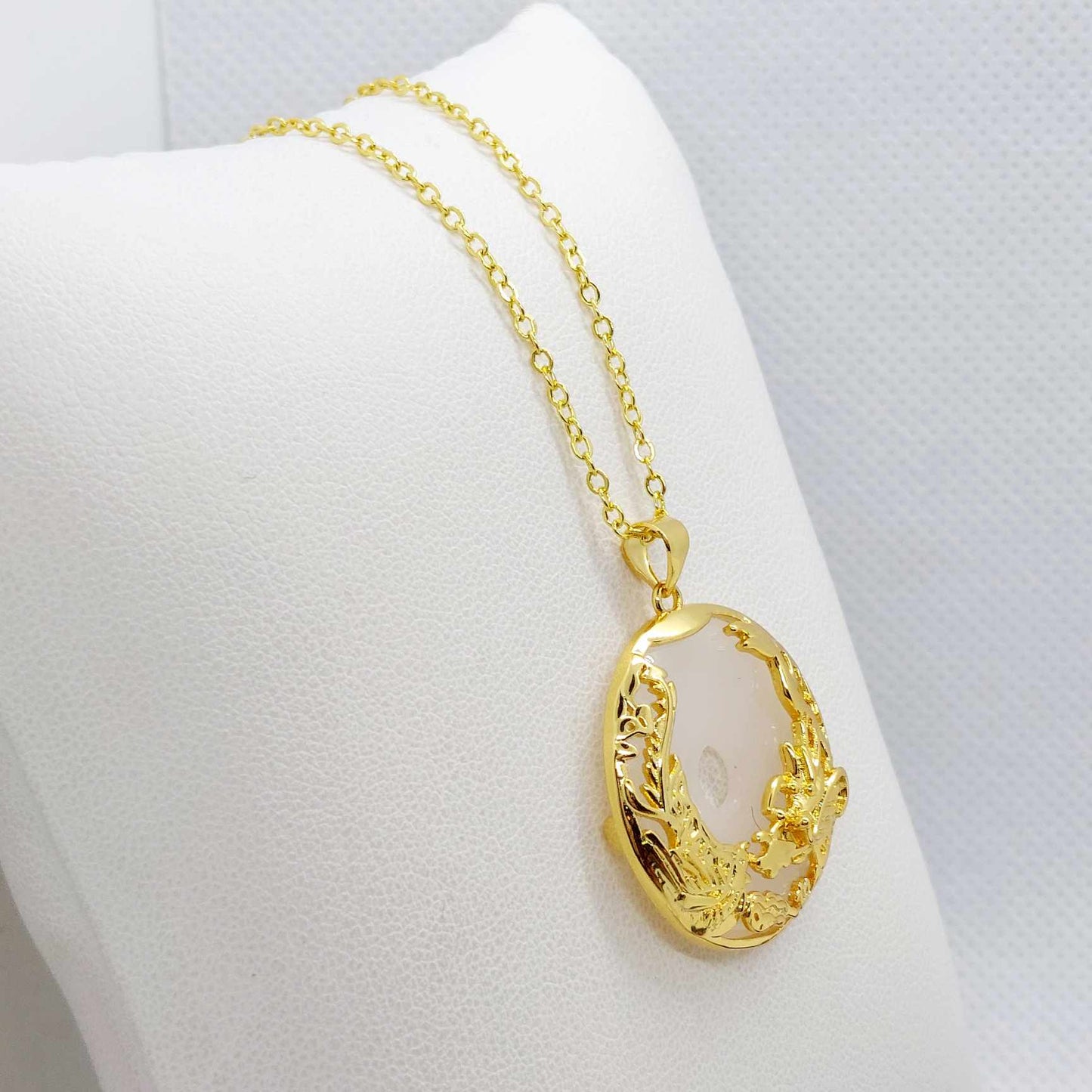 Natural White Hetian Jade with Dragon & Phoenix Pendant Necklace in Gold Plated Sterling Silver