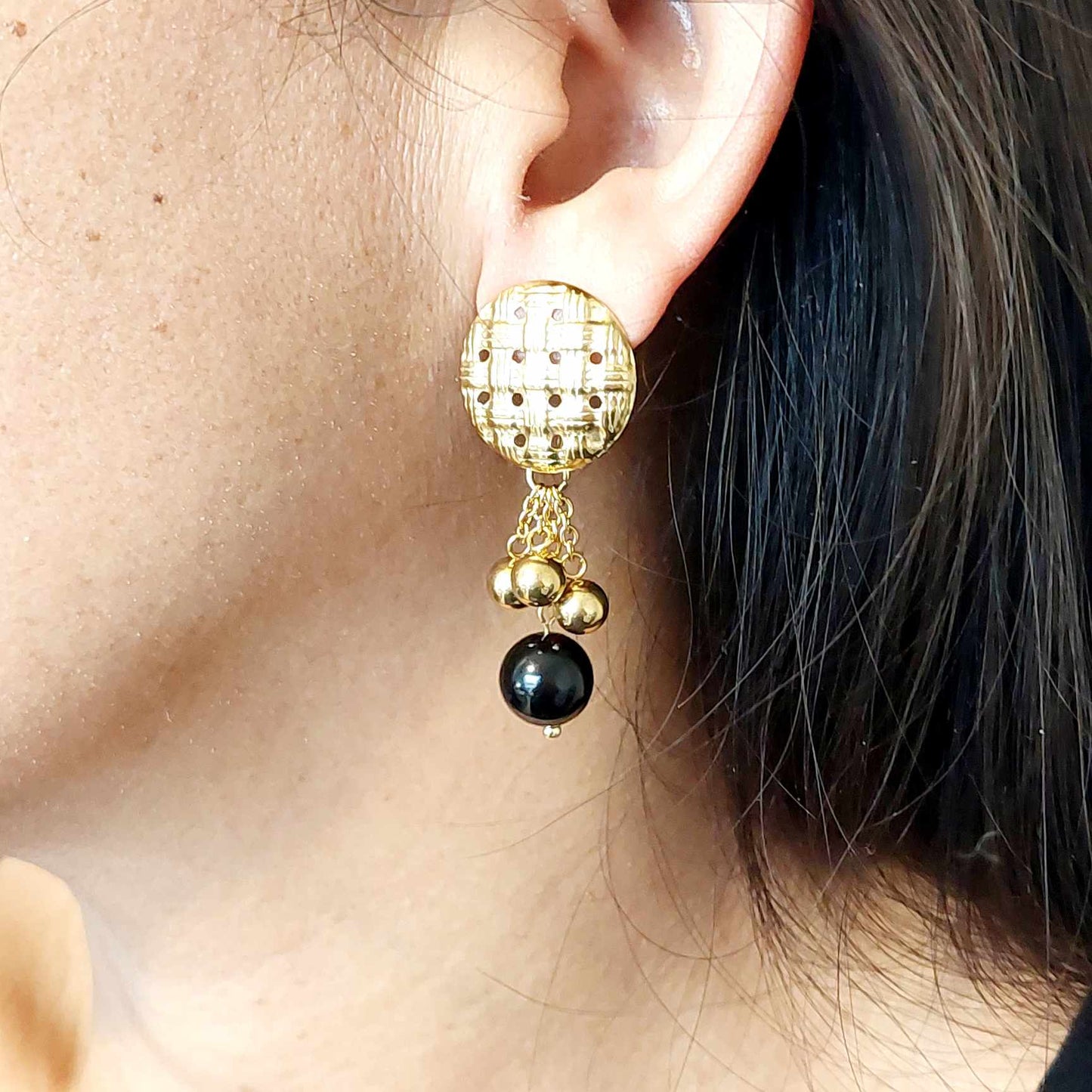 Natural Obsidian Dangle Earrings in Gold Plated Stainless Steel