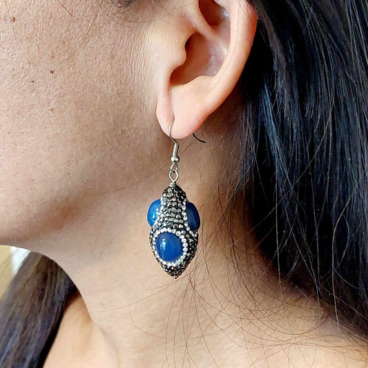 Natural Blue Agate with Black Rhinestone and Zircon Pavé Earrings in Stainless Steel