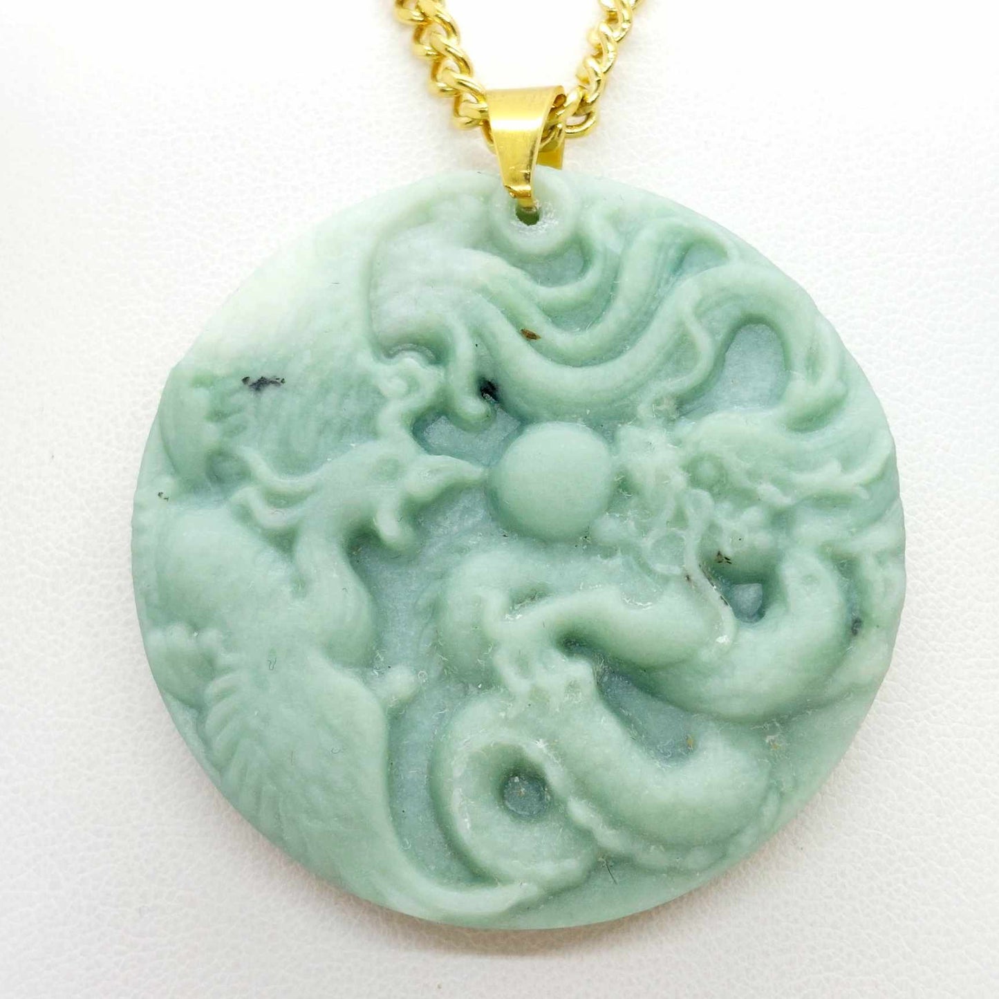 Natural Light Green Chinese Jade Dragon and Phoenix Pendant with Gold Plated Stainless Steel Chain Necklace