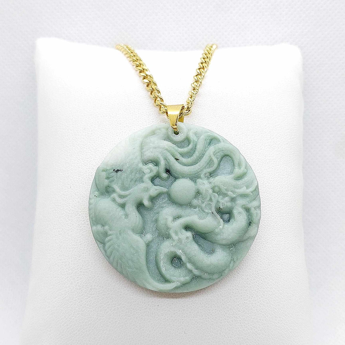 Natural Light Green Chinese Jade Dragon and Phoenix Pendant with Gold Plated Stainless Steel Chain Necklace