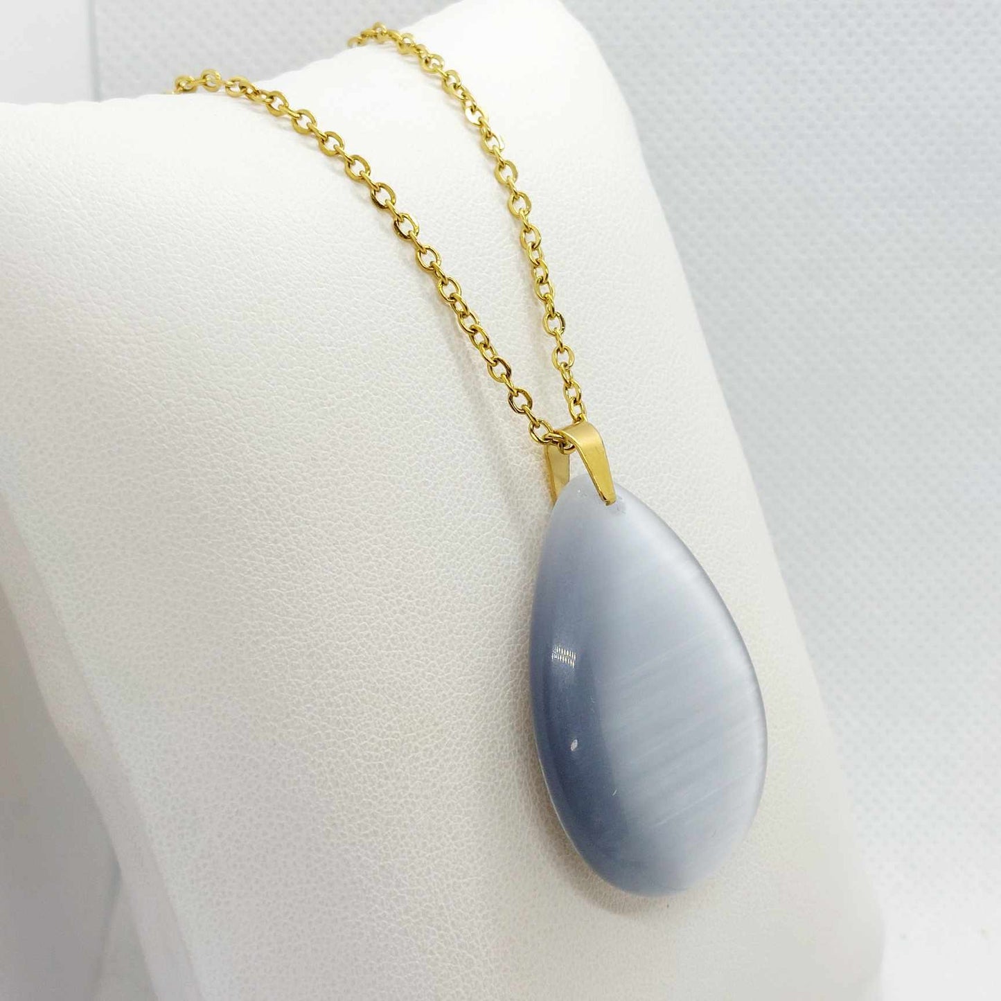 Natural Grey Cat Eye Quartz Teardrop Pendant with Stainless Steel Gold Plated Chain Necklace
