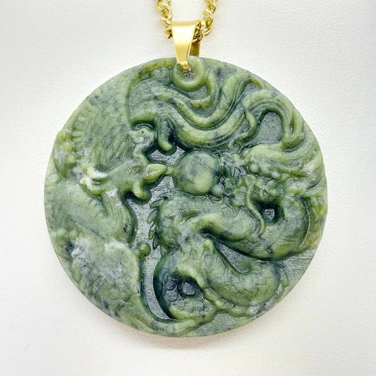 Natural Chinese Jade Dragon and Phoenix Pendant with Gold Plated Stainless Steel Chain Necklace