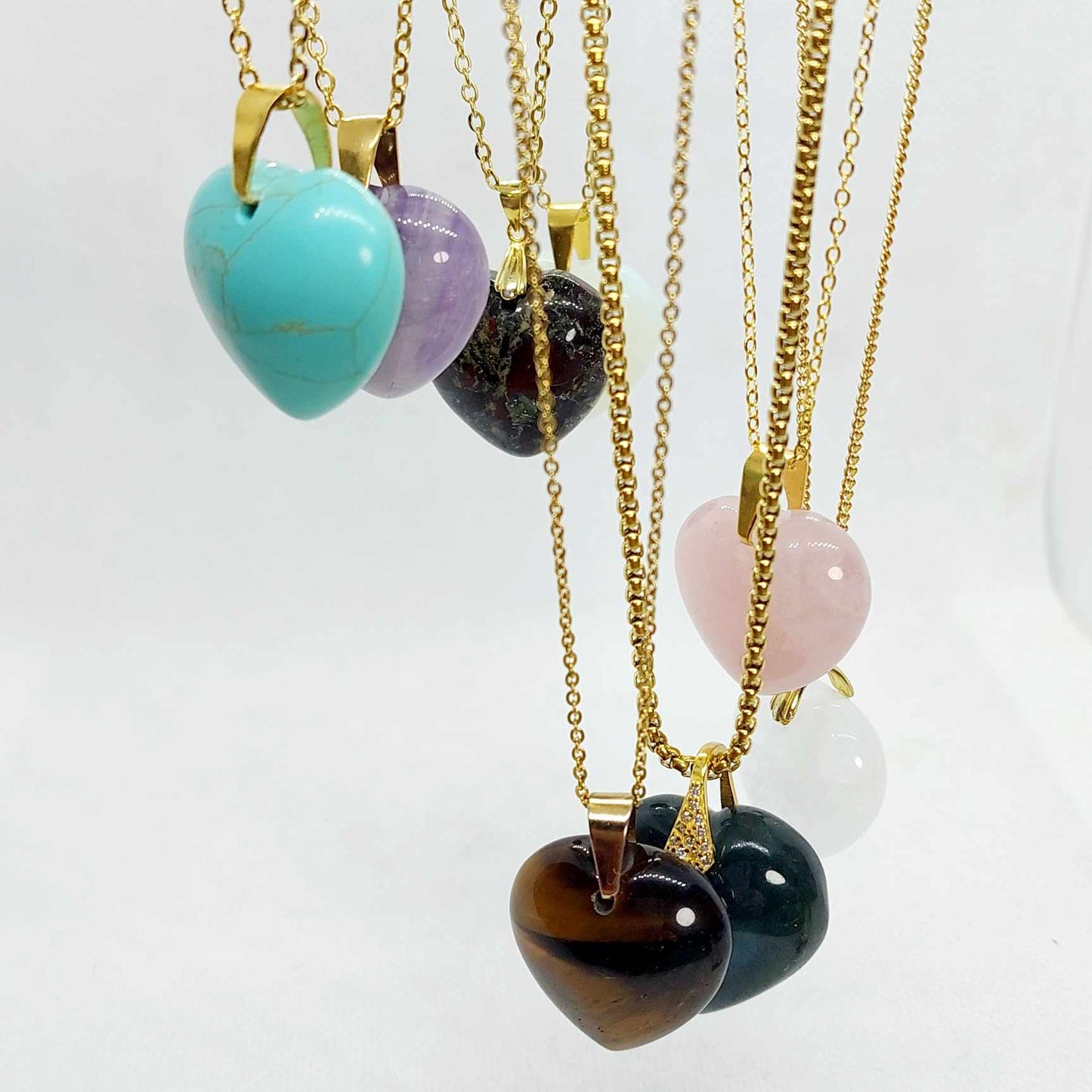 Natural Rose Quartz Heart Pendant with Stainless Steel Gold Plated Chain Necklace