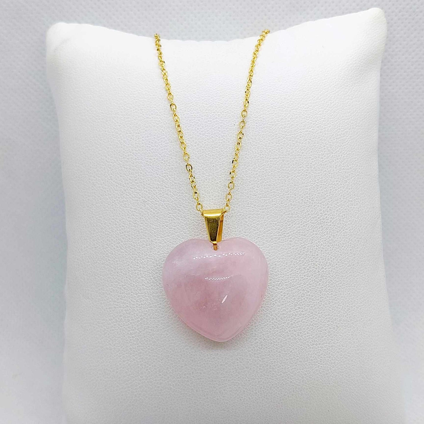 Natural Rose Quartz Heart Pendant with Stainless Steel Gold Plated Chain Necklace