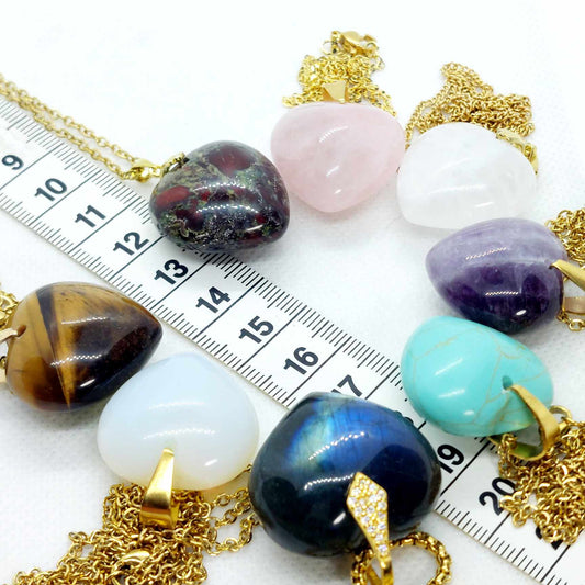 Natural Rose Quartz Heart Pendant with Stainless Steel Gold Plated Chain Necklace