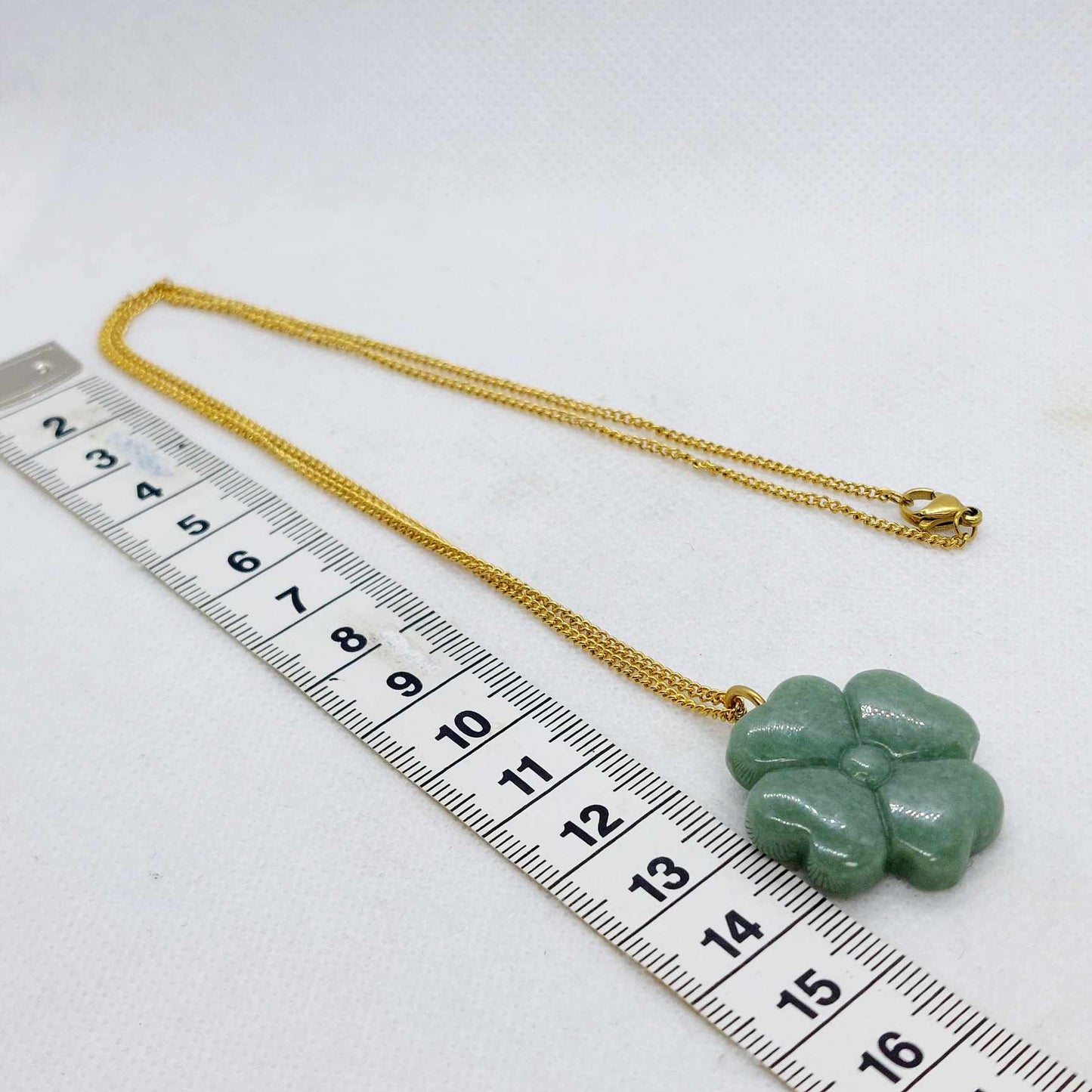 Natural Burmese Jade Clover Pendant with Gold Plated Stainless Steel Chain Necklace