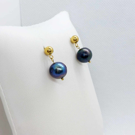 Natural Peacock Pearl Dangle Stud Earrings in Gold Plated Stainless Steel