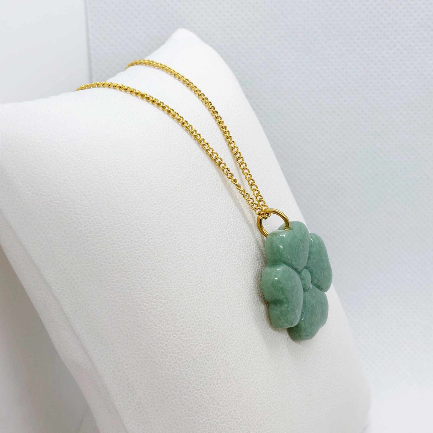 Natural Burmese Jade Clover Pendant with Gold Plated Stainless Steel Chain Necklace