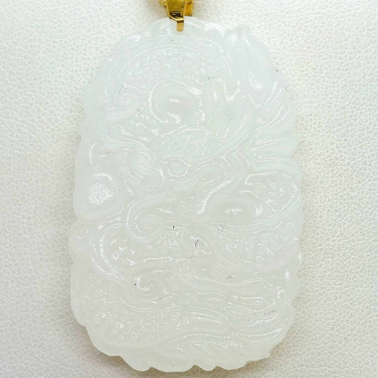 Natural White Hetian Jade Dragon Pendant with Gold Plated Stainless Steel Chain Necklace