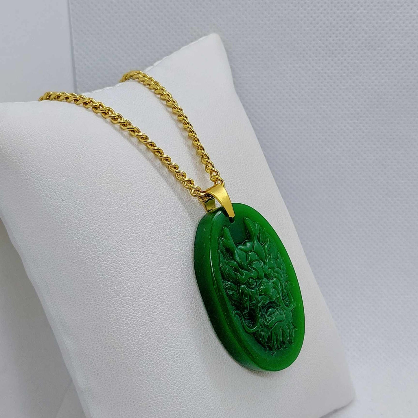 Natural Hetian Jade Dragon Pendant with Gold Plated Stainless Steel Chain Necklace