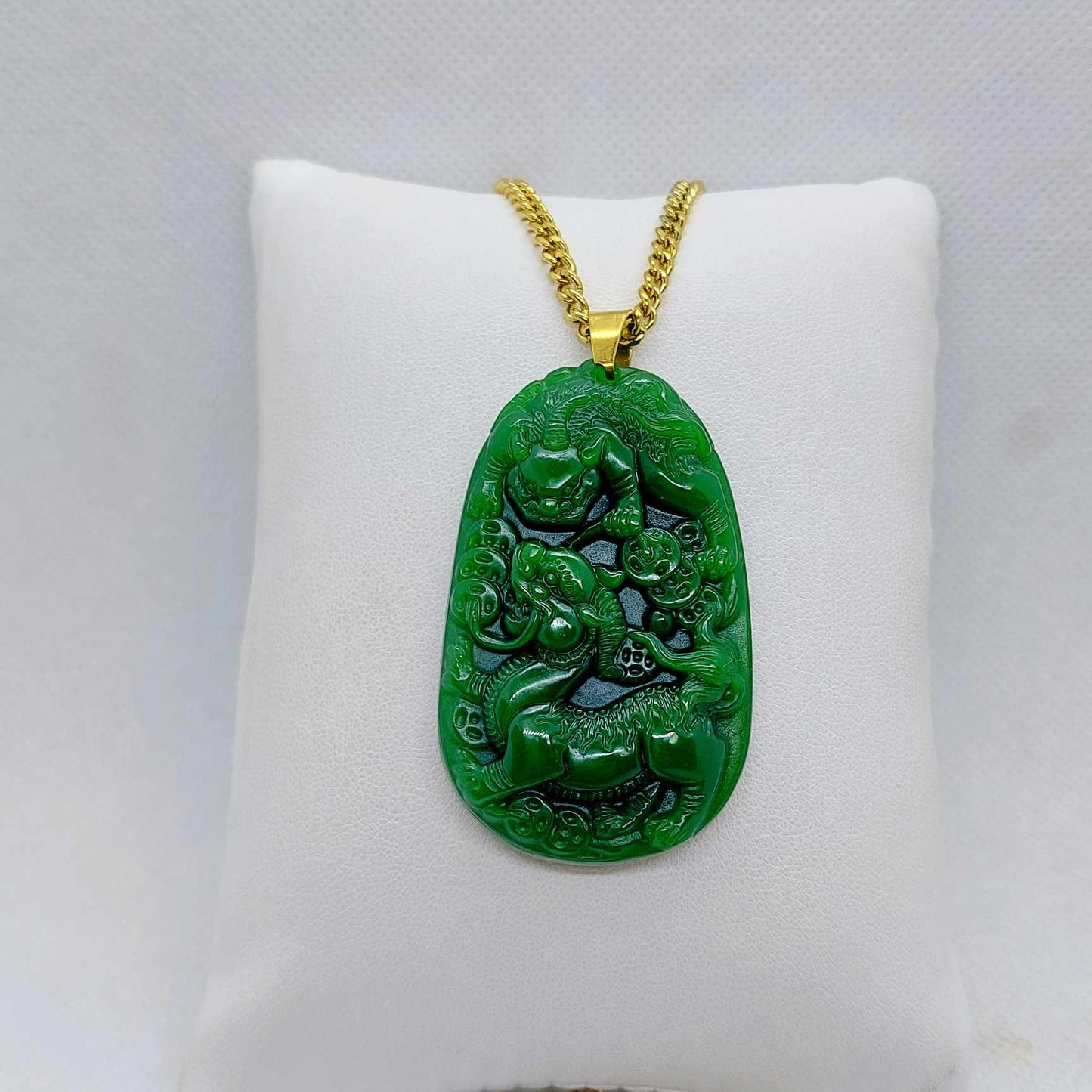 Natural Hetian Jade Dragon Pendant with Gold Plated Stainless Steel Chain Necklace