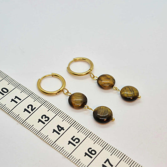 Button Tiger Eye Dangle Earrings In gold Plated Stainless Steel