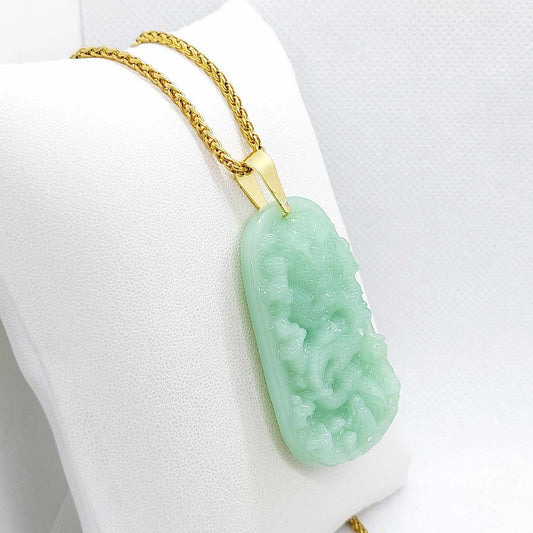Natural Hetian Jade Dragon Pendant with Gold Plated Stainless Steel Chain Necklace