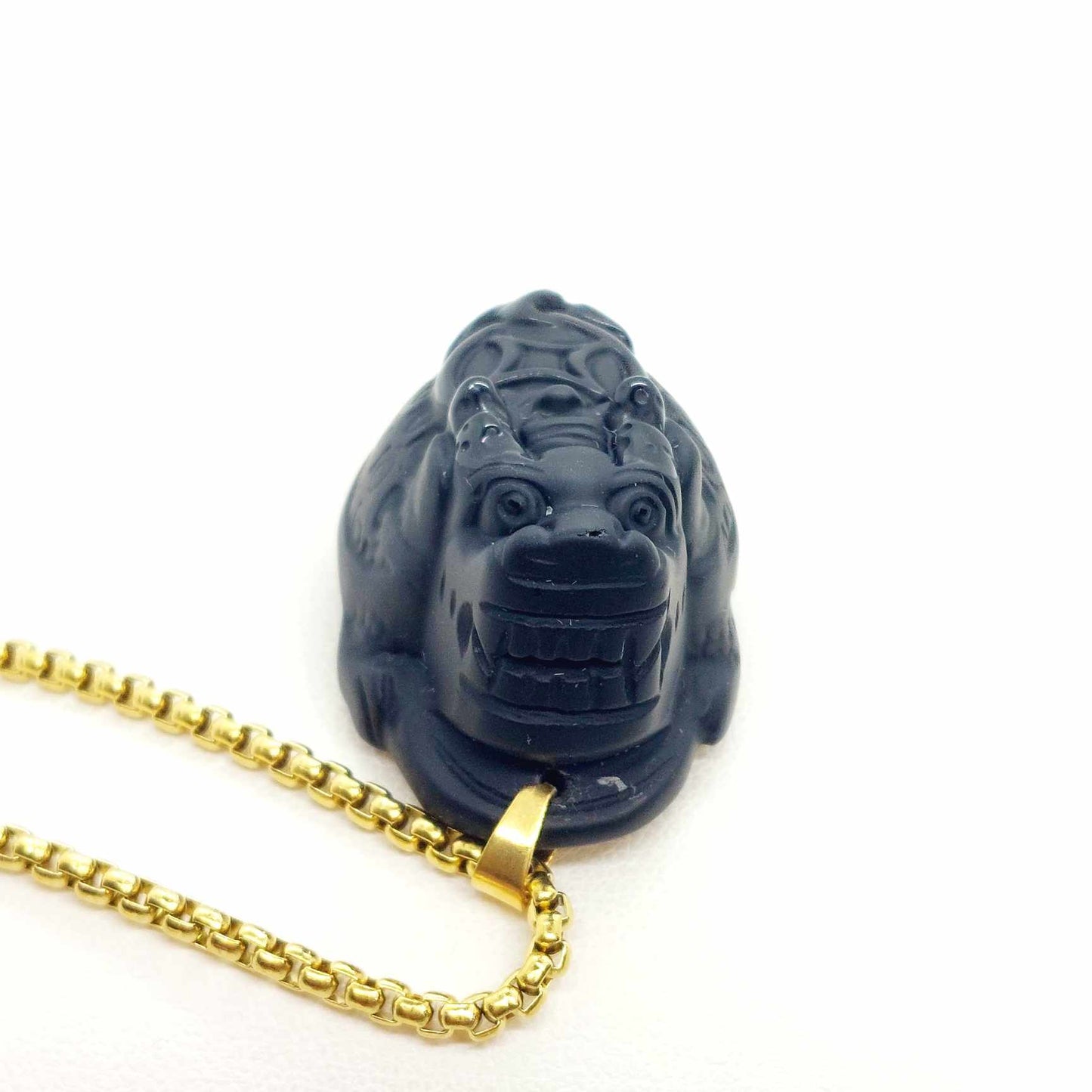 Natural Obsidian Dragon Turtle Pendant with Gold Plated Stainless Steel Chain Necklace