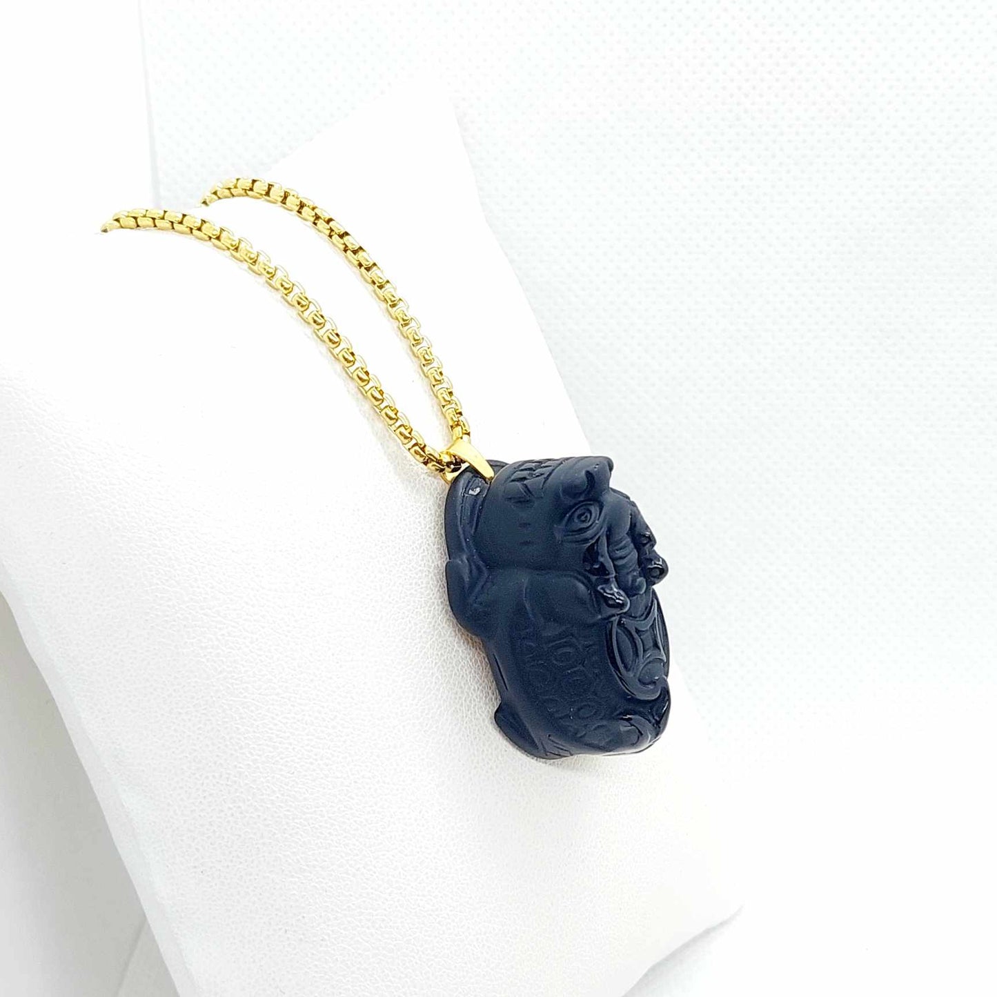 Natural Obsidian Dragon Turtle Pendant with Gold Plated Stainless Steel Chain Necklace