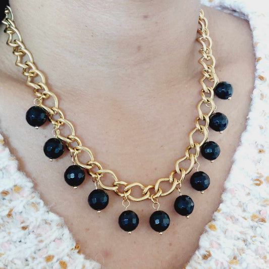 Natural Faceted Black Onyx Necklace and Earrings Set with 10mm Stones