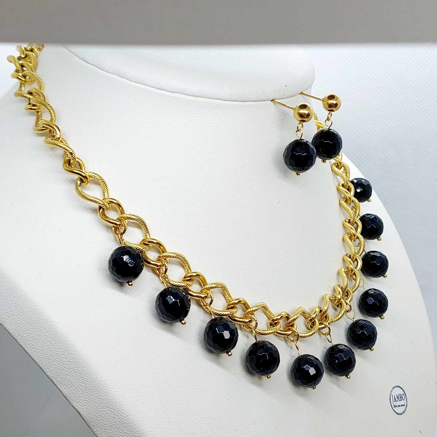 Natural Faceted Black Onyx Necklace and Earrings Set with 10mm Stones