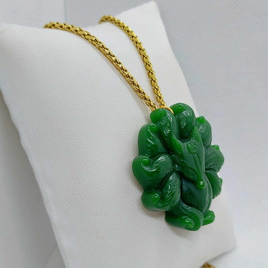 Natural Hetian Jade Nine Tailed Fox Pendant with Gold Plated Stainless Steel Chain Necklace