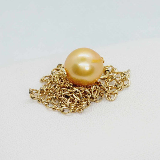 Natural Golden 13mm Pearl Pendant with solid 10K Gold Chain Necklace