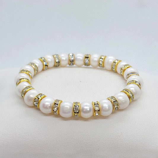 Natural Freshwater Pearl and Crystal Rhinestone Bracelet in 10mm Stones