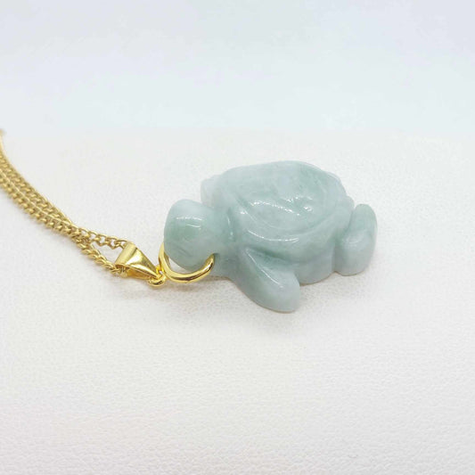 Natural Jadeite Turtle Pendant with Gold Plated Stainless Steel Chain Necklace