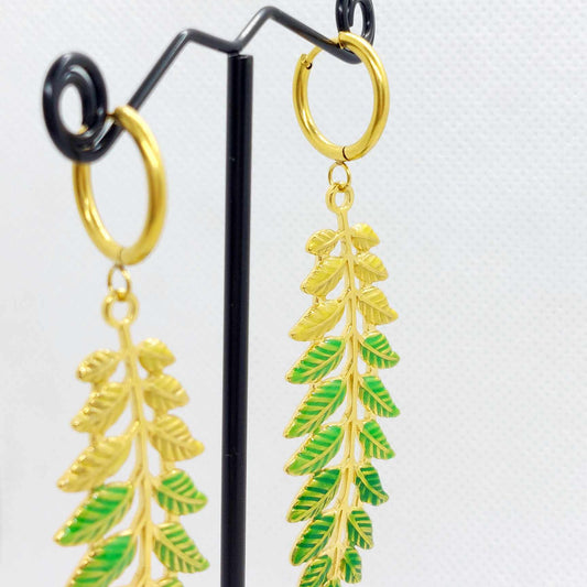 Fern Leaf on Hoop Earrings in Gold Plated Stainless Steel