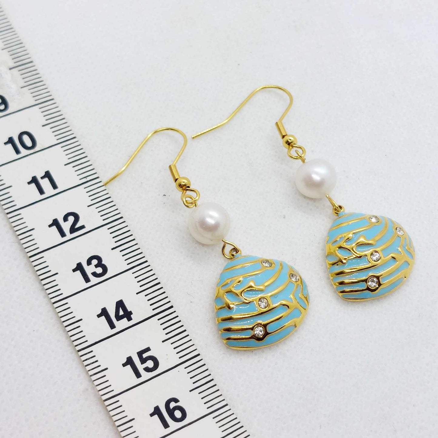 Natural Pearl Dangle Earrings with Enamel Pearl in Gold Plated Stainless Steel