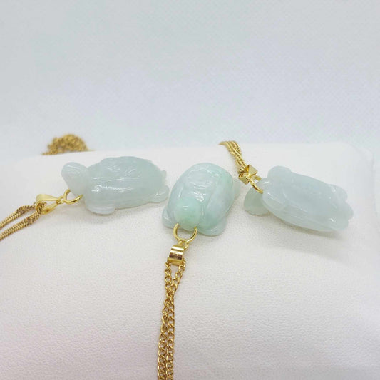 Natural Burmese Jade Turtle Pendant with Gold Plated Stainless Steel Chain Necklace
