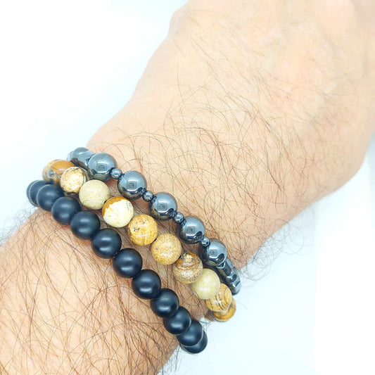 Natural Stone Combo Bracelet with Hematite, Obsidian and Picture Jasper in 8mm stones
