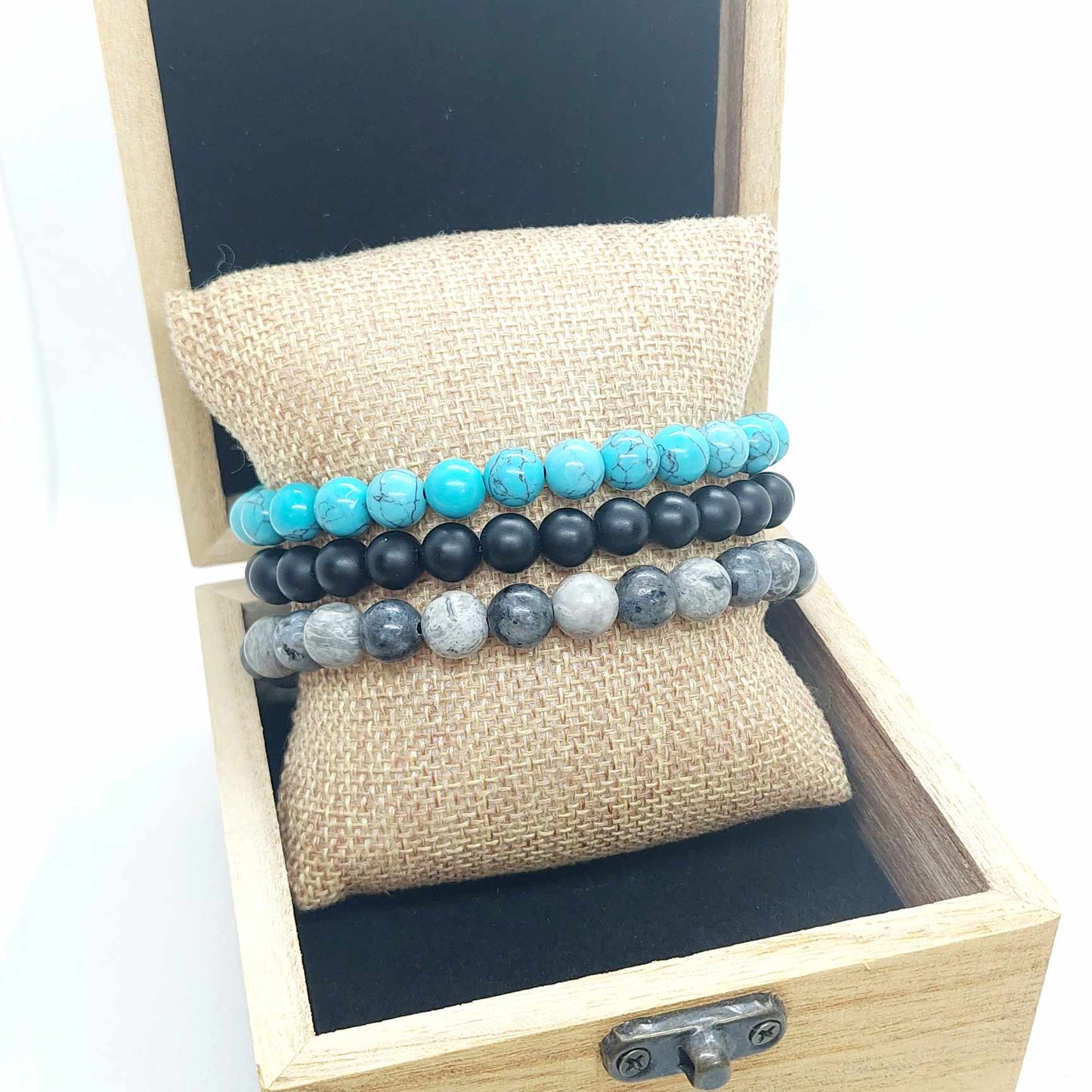 Natural Stone Combo Bracelet with Turquoise, Obsidian and Jasper in 8mm stones