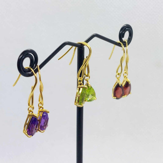 Natural Stone Dangle Earrings with Amethyst, Garnet or Peridot in Sterling Silver Gold Plated