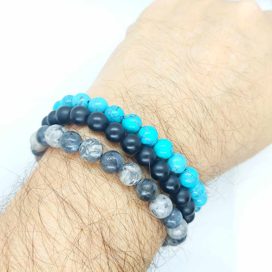 Natural Stone Combo Bracelet with Turquoise, Obsidian and Jasper in 8mm stones