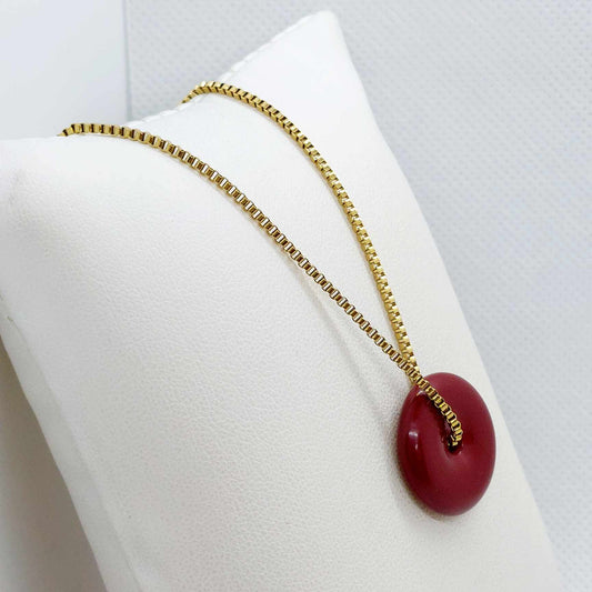 Synthetic Vermilion Cinnabar Donut Pendant with Stainless Steel Necklace