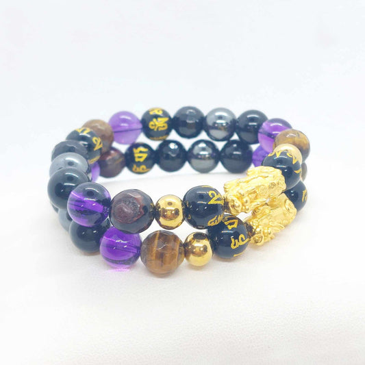Natural Stone Bracelet with Silver Pixiu, Obsidian, Hematite, Amethyst & Tiger Eye in 10mm Stones