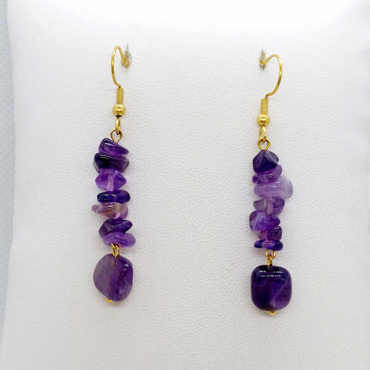 Natural Stone Dangle Earrings in Stainless Steel Gold Plated Amethyst, Tiger Eye, Strawberry Quartz and Prehnite