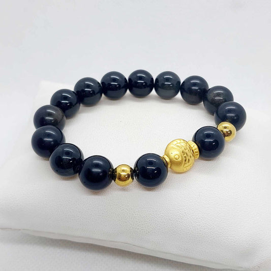 Natural Golden Obsidian with Silver Fish Bracelet in 12mm Stones