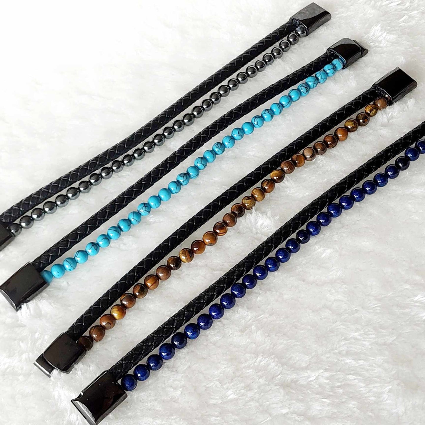 Natural Stone Leather Bracelets for Men with Hematite, Lapis, Turquoise or Tiger Eye