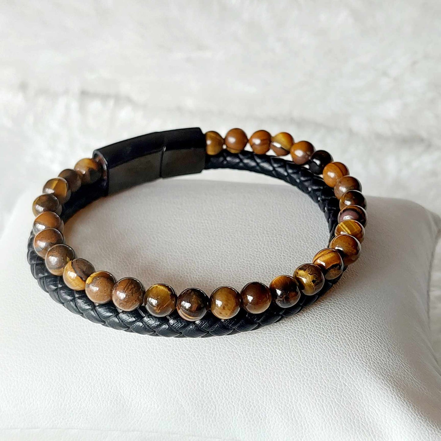 Natural Stone Leather Bracelets for Men with Hematite, Lapis, Turquoise or Tiger Eye