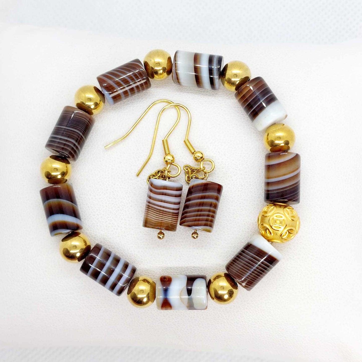 Natural Tibetan Bamboo Banded Agate Earrings Gold Plated Stainless Steel
