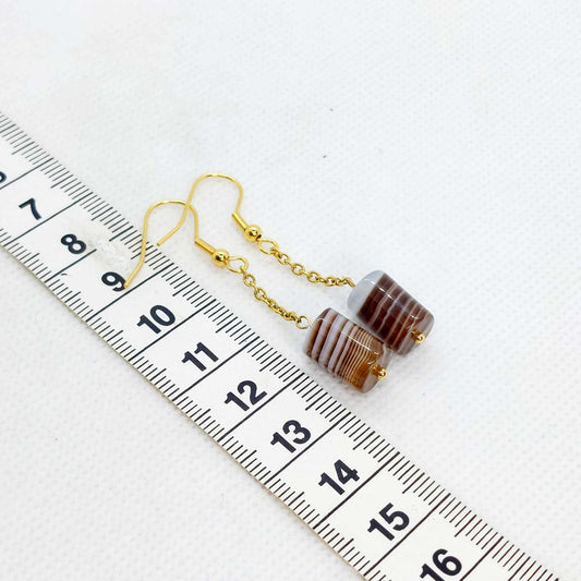 Natural Tibetan Bamboo Banded Agate Earrings Gold Plated Stainless Steel