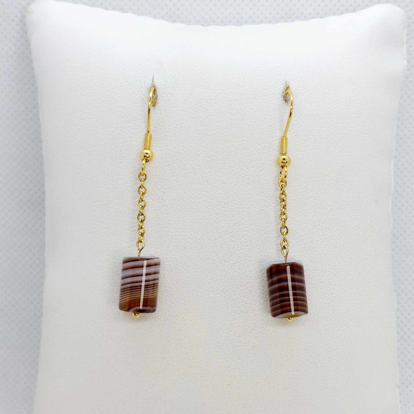Natural Tibetan Bamboo Banded Agate Earrings Gold Plated Stainless Steel