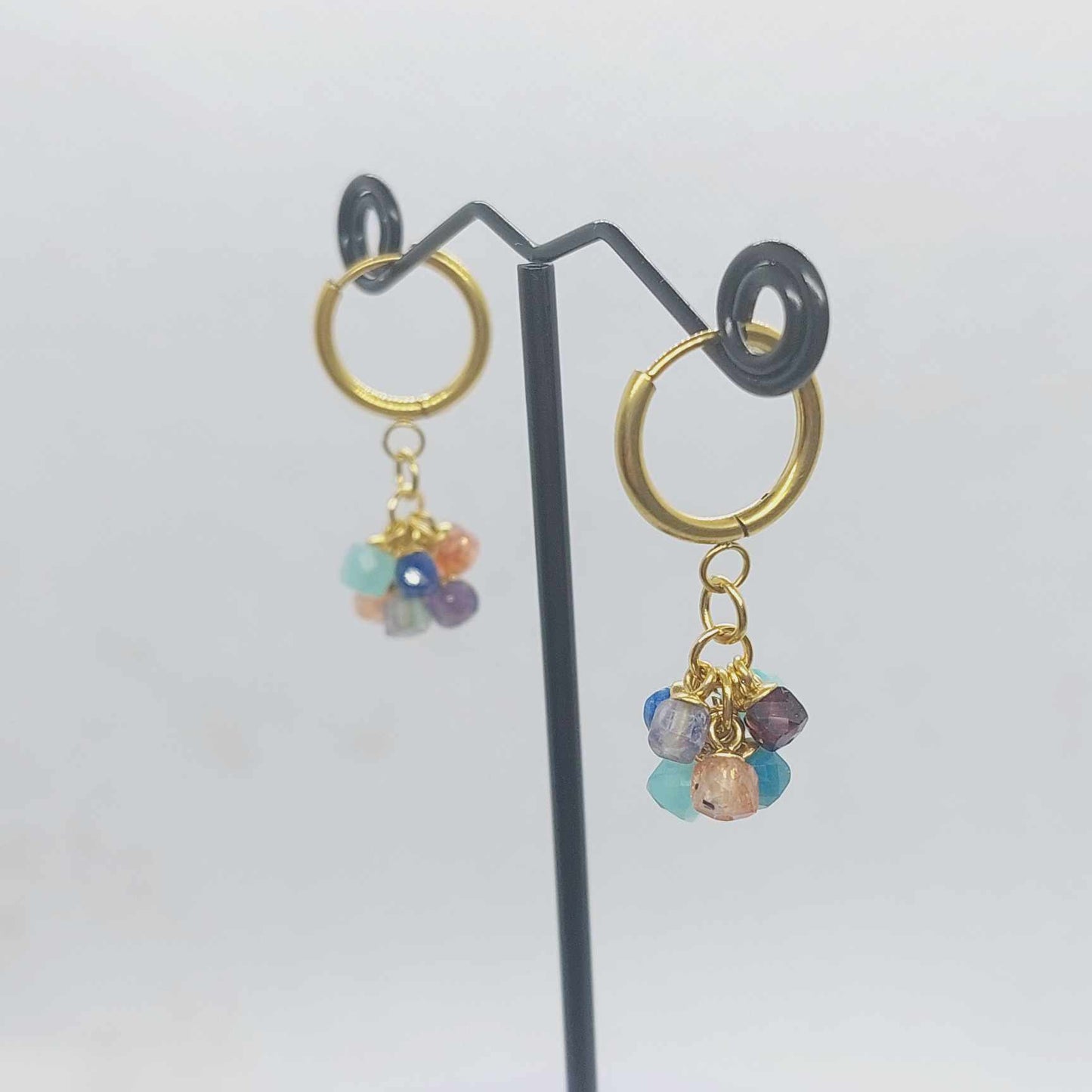 Mixed Natural Stones Earrings with Hoop in Gold Plated Stainless Steel