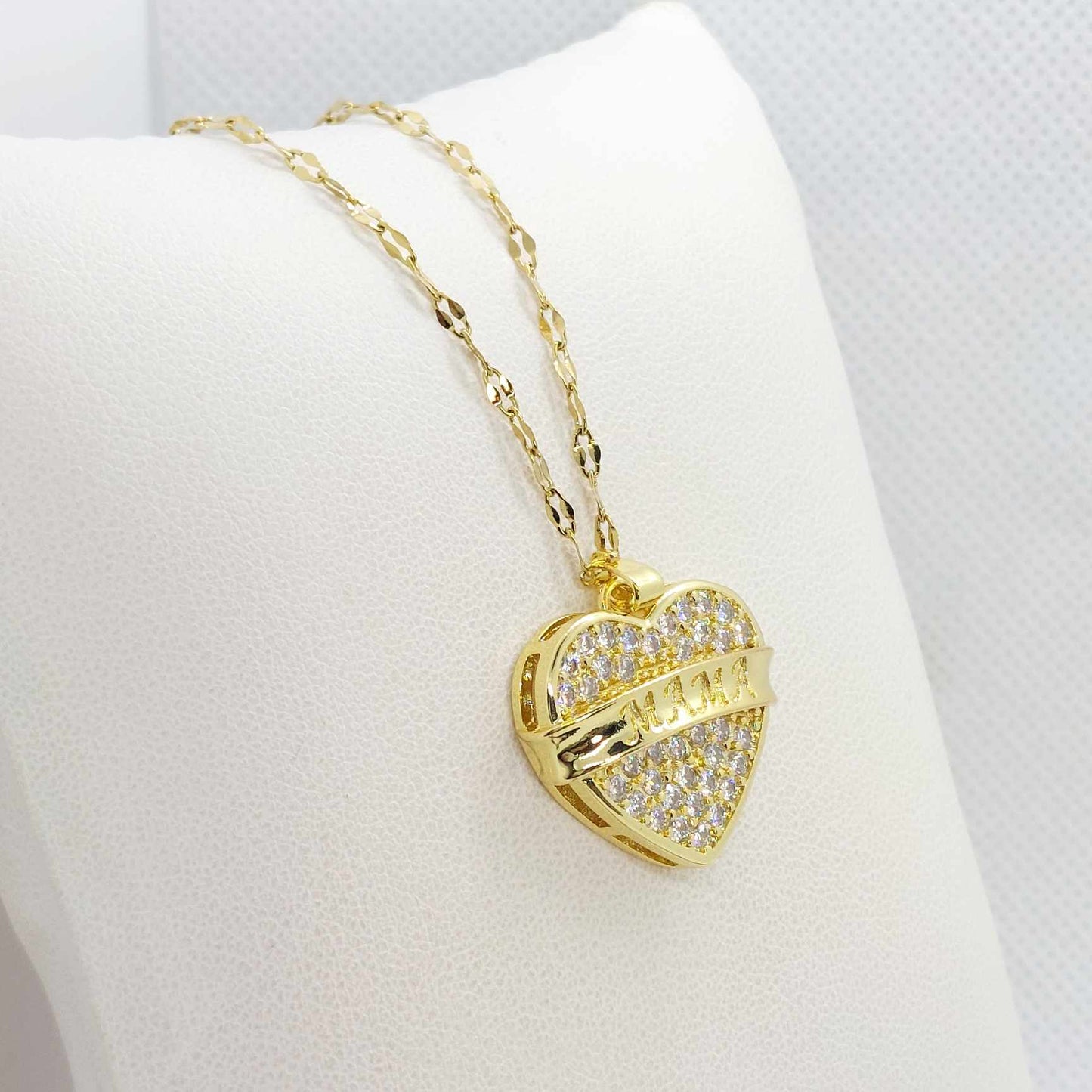 Heart for Mama Pendant in Zircon with Stainless Steel Gold Plated Necklace Chain