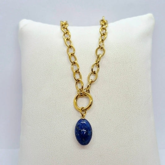 Natural Lapis Pendant with Gold Plated Stainless Steel Chain Necklace