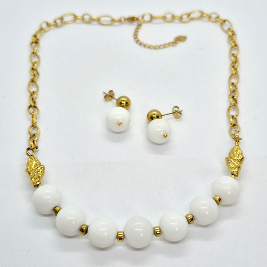 White Porcelain Set in 12mm Stones and Gold Plated Stainless Steel with Chain Necklace