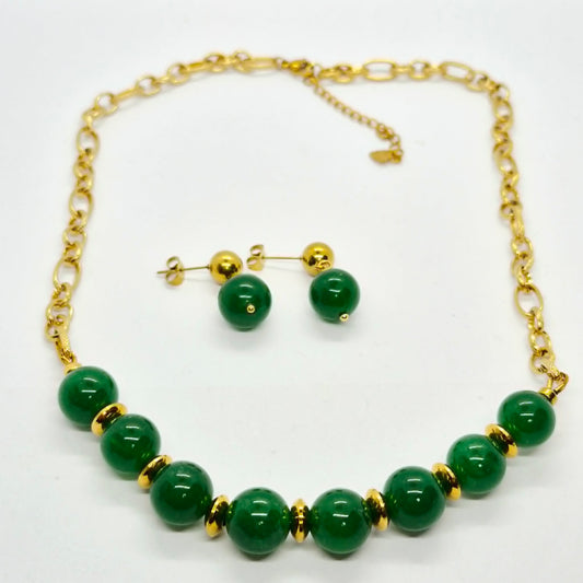 Natural Hetian Jade Set in 12mm Stones and Gold Plated Stainless Steel with Chain Necklace